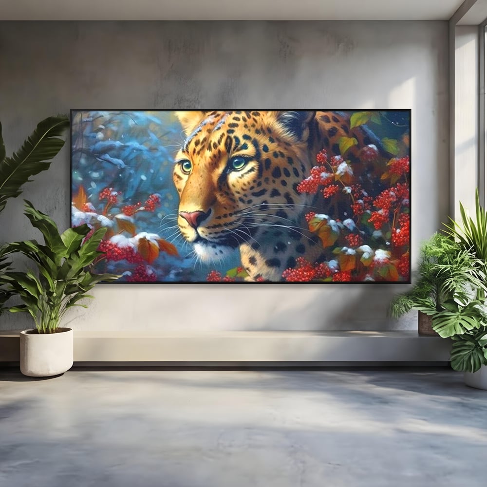 Tablou canvas cu tablou canvas cu jaguar in zapada, in rama de aluminiu negru